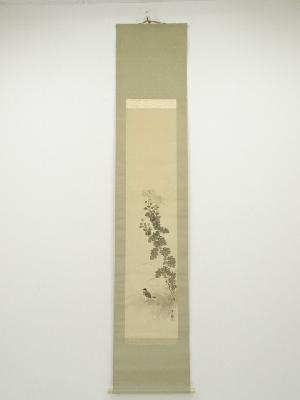 戊辰（1928年）　石川有麟筆　菊花小禽図　肉筆絹本掛軸（共箱）